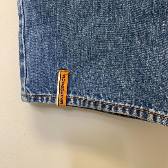 Vtg Rocawear Mens Jeans Blue Baggy Wide Leg Embroidered Patches Y2K‎ 38 x3 3.5 - Picture 7 of 13